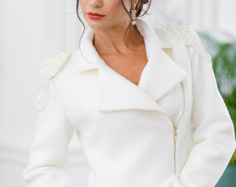 Ivory Wool Bridal Jacket: Embroidered Wedding Dress Coat