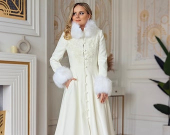 Floor Lenght Wedding Coat for Bride: Milk White Bridal Jacket With