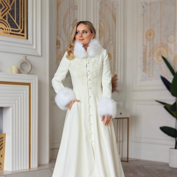 Manteau de mariée longueur ras du sol pour robe de mariée d'hiver avec fausse fourrure, veste de mariée Veste de mariée pour mariée, Snejana