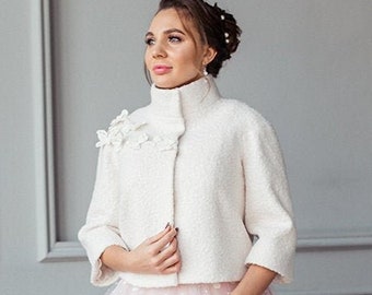Ivory Wool Boucle Winter Wedding Jacket for Bride: Bridal Coat