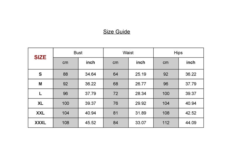 K&ouml;nnte beinhalten: Gr&ouml;&szlig;entabelle f&uuml;r Kleidung mit Ma&szlig;en in Zoll und Zentimetern. Die Tabelle zeigt Brust-, Taillen- und H&uuml;ftma&szlig;e f&uuml;r die Gr&ouml;&szlig;en S, M, L, XL, XXL und XXXL.
