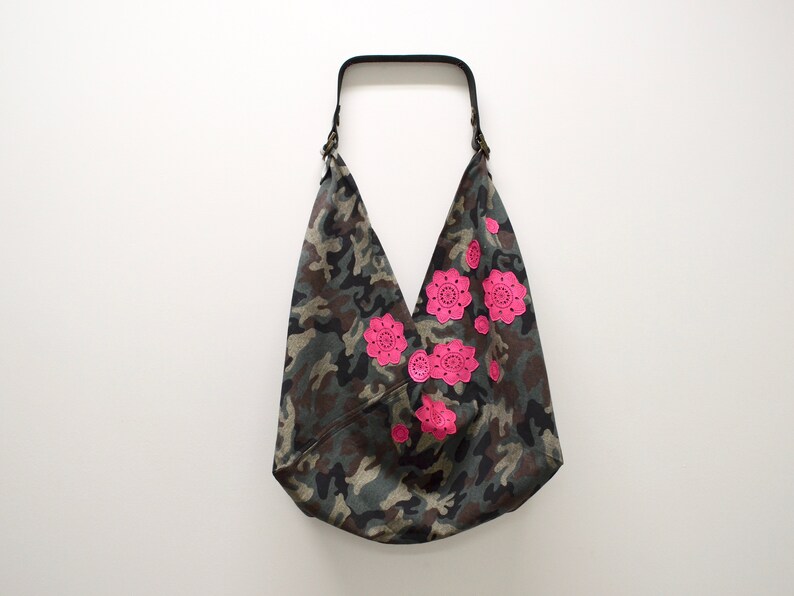 Hot Pink Leather Lace Applique Bag Origami Bag Bento Bag OOAK Camo
