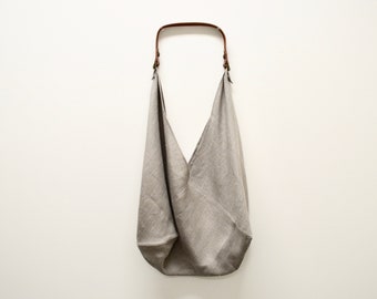 Natural Grey Linen + Leather Bag - Reusable Grocery Bag - Shopping Bag - Market Bag - Zero Waste Bag - Eco Friendly Bag - Bento Bag