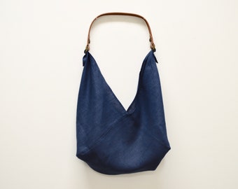 Indigo Blue Linen + Leather Bag - Reusable Grocery Bag - Shopping Bag - Market Bag - Zero Waste Bag - Eco Friendly Bag - Bento Bag