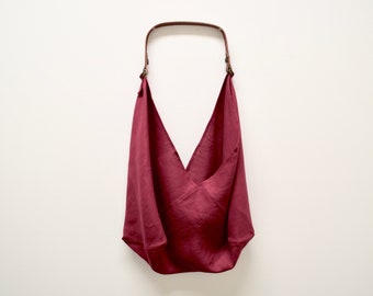 Scarlet Linen + Leather Bag - Reusable Grocery Bag - Shopping Bag - Market Bag - Zero Waste Bag - Eco Friendly Bag - Bento Bag