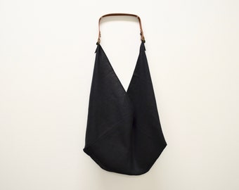 Black Linen + Leather Bag - Reusable Grocery Bag - Shopping Bag - Market Bag - Zero Waste Bag - Eco Friendly Bag - Bento Bag