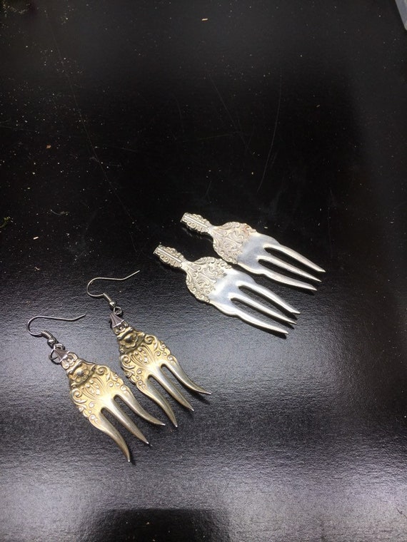 Antique Vintage Olive Fork Elegant Earrings Silverware Plate Jewelry 