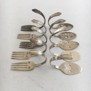 Assorted Mixed Hooks Fork Spoon Hangers Antique Vintage Silverplate Silverware Coat Hat Curtain Tie Back Upcycle Reuse Rack Rolling w/screws