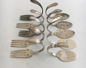 Assorted Mixed Hooks Fork Spoon Hangers Antique Vintage Silverplate Silverware Coat Hat Curtain Tie Back Upcycle Reuse Rack Rolling w/screws