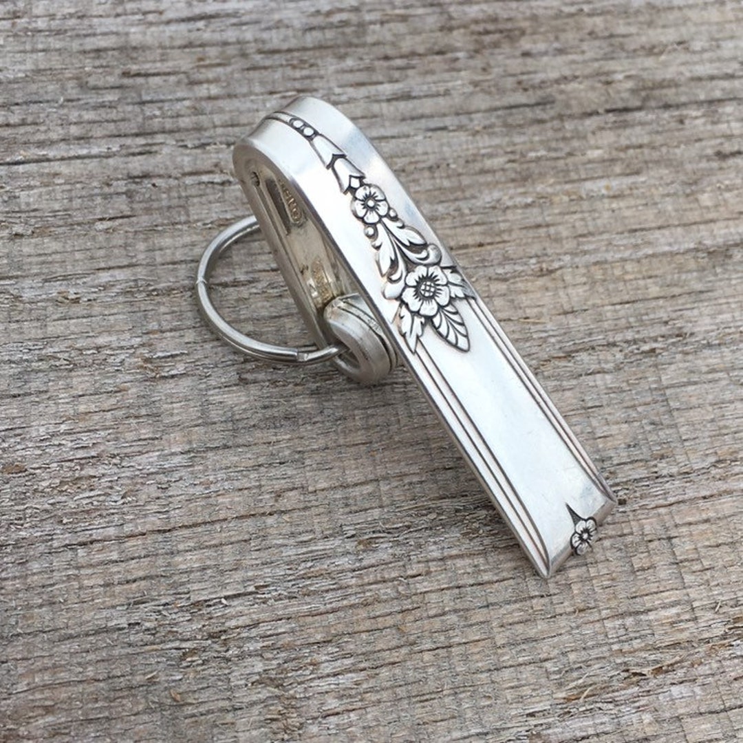 Vintage Silver Purse Hook Key Finder Key Holder Ring Upcycle Pocket Keychain  Silverplate Silverware Magnolia Pattern 