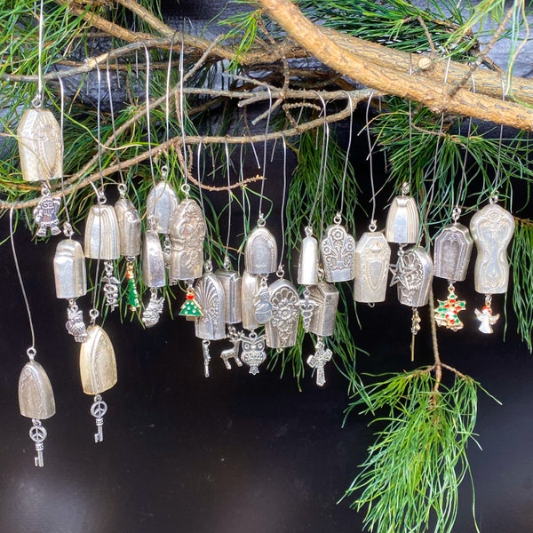 Silver Bell Christmas Tree Holiday Ornament or Necklace Pendants Available. Random Assorted Patterns Silverware Repurposed Vintage Bells