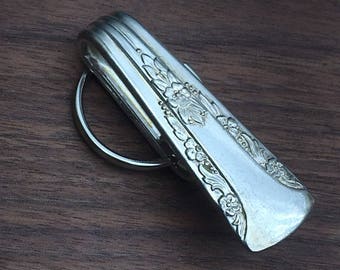 Vintage Purse Hook Clip Silver Key Finder Key Ring Keychain Silverplate Silverware Antique Rose Camelia