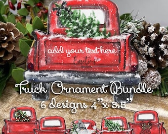 Paquete de diseño de adornos navideños de camión rojo: PNG de sublimación, ilustración original (descarga digital)