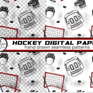 Könnte beinhalten: Ein nahtloses digitales Papiermuster mit Hockeyausrüstung, darunter Trikots, Helme, Netze und Pucks. Das Muster ist in Schwarzweiß auf weißem Hintergrund.