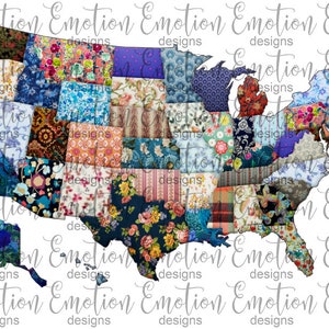 Pode incluir: Um mapa dos Estados Unidos, com cada estado preenchido com diferentes desenhos de tecidos florais e estampados. O efeito patchwork destaca a variedade de padrões. As palavras "Emotion designs" repetem-se na imagem em uma fonte cursiva.