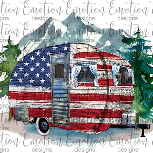 USA Trailer clipart, instant download, watercolor, American Flag, camper, camping, Sublimation graphics, PNG, DTF printing