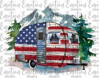 USA Trailer clipart, instant download, watercolor, American Flag, camper, camping, Sublimation graphics, PNG, DTF printing