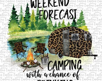 Weekend Forecast camping with a chance of drinking leopard trailer clipart, instant download, watercolor, Sublimation graphics, PNG