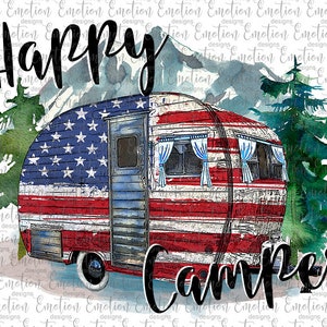 Happy Camper USA Trailer, instant download, watercolor, American Flag, camper, camping, Sublimation graphics, PNG, DTF printing