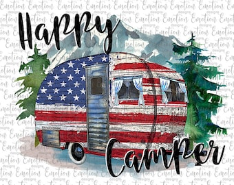 Happy Camper USA Trailer, instant download, watercolor, American Flag, camper, camping, Sublimation graphics, PNG, DTF printing