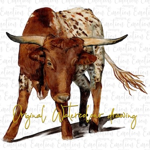 May include: Watercolor painting of a brown and white spotted steer with long horns. The steer is facing the viewer and has a gentle expression. The painting is on a white background.