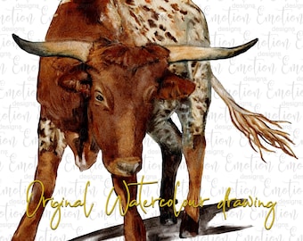 Acuarela de toro Longhorn, descarga instantánea, gráficos de sublimación, PNG, arte imprimible, impresión DTF