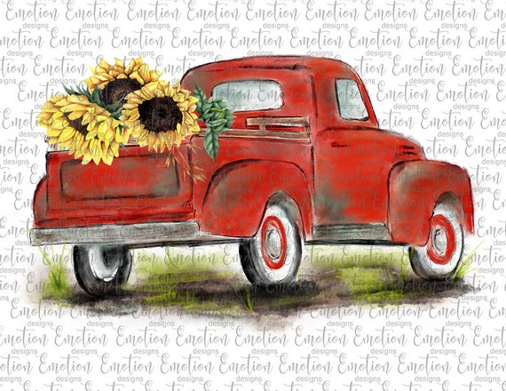 Watercolor Hand Drawn Red Truck Sunflowers Png Clipart Etsy