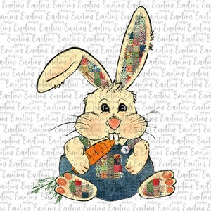 May include: A cartoon bunny rabbit with a patchwork design on its ears and overalls. The bunny is holding a carrot in its mouth and has a friendly expression.