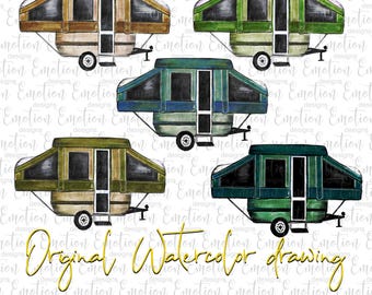 Conjunto de remolque para tienda de campaña, remolque, caravana plegable, acuarela para camping, arte original, descarga instantánea, gráficos de sublimación, PNG, impresión DTF
