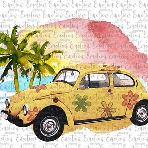 May include: A yellow vintage Volkswagen Beetle with a floral design, parked on a beach with palm trees and a watercolor sunset in the background.