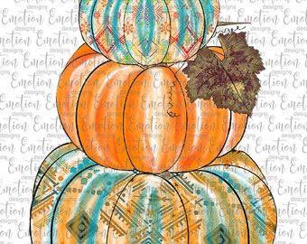 May include: A stack of three pumpkins with a teal, orange, and white geometric pattern. The pumpkins are stacked on top of each other, with the largest pumpkin on the bottom and the smallest pumpkin on top. The pumpkins are decorated with a teal, orange, and white geometric pattern.