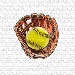 May include: A brown leather baseball glove with a yellow softball inside. The glove is open and the ball is visible.