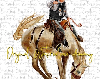 Rodeo, vaquero encabritado, acuarela del oeste, descarga instantánea, gráficos de sublimación, PNG, arte imprimible, impresión DTF