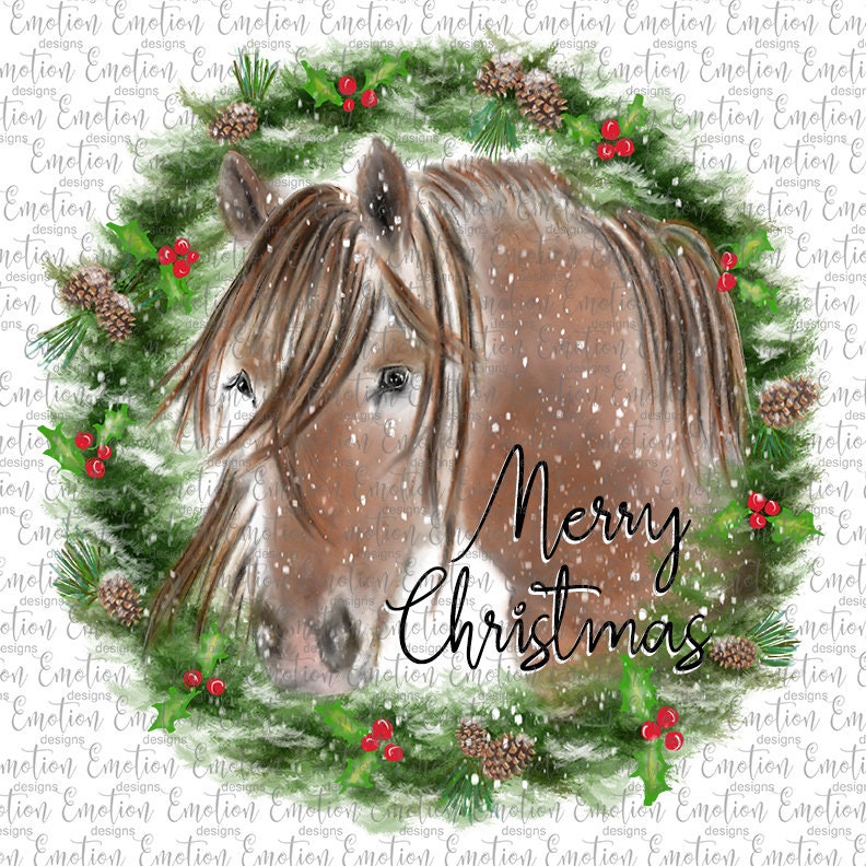Merry Christmas Watercolor Horse Wreath Original Art PNG, Instant ...