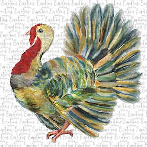 May include: A watercolor painting of a turkey with a colorful, detailed design. The turkey is facing left with its tail feathers spread out behind it. The turkey is painted in shades of green, blue, yellow, and red.