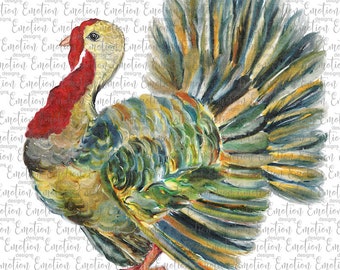 May include: A watercolor painting of a turkey with a colorful, detailed design. The turkey is facing left with its tail feathers spread out behind it. The turkey is painted in shades of green, blue, yellow, and red.