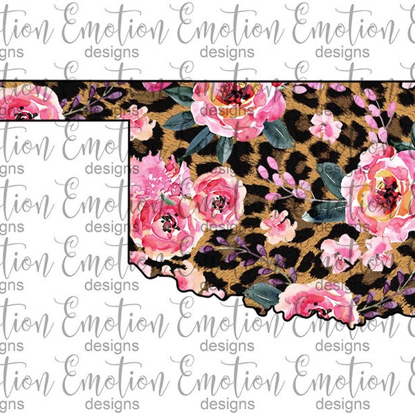 Oklahoma state PNG, instant download, leopard print, flowers, Sublimation Graphics, Clipart