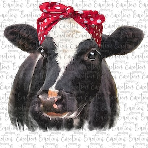 Zwart-witte koe met polkadot-bandana, originele kunst, instant download, sublimatie-graphics, clipart, DTF-afdrukken