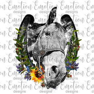 Horse head horse shoe sunflowers PNG, instant download, Sublimation Graphics, Clipart, DTF printing