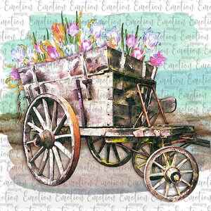 Watercolor Wagon with Flowers PNG, instant download, Sublimation Graphics, Clipart