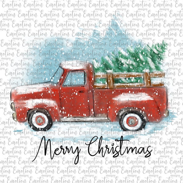 Hand drawn watercolor red truck Merry Christmas printable art, instant download, Sublimation graphics, PNG
