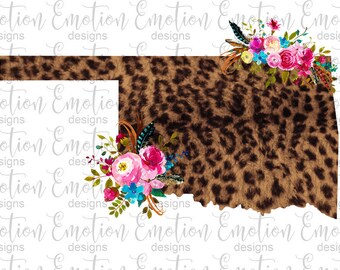 Oklahoma state PNG, instant download, leopard print, flowers, Sublimation Graphics, Clipart, DTF printing