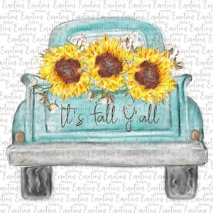 May include: A turquoise blue pickup truck with three sunflowers in the bed. The truck has the words "It's fall y'all" written on the back.