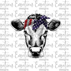 Pode incluir: Uma ilustra&ccedil;&atilde;o em preto e branco de uma vaca usando uma bandana vermelha, branca e azul. A bandana tem estrelas.