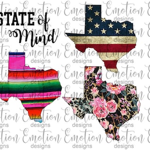 以下が含まれることがあります： テキサス州の異なる3つのデザイン。最初のデザインは、赤、白、青のアメリカ国旗のデザインです。2番目のデザインは、カラフルなストライプのデザインです。3番目のデザインは、ピンクの花とヒョウ柄のフローラルデザインです。画像の上部には「STATE of Mind」というテキストがあります。