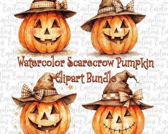 Paquete de calabazas espantapájaros en acuarela, acuarela, descarga instantánea, gráficos de sublimación, PNG, arte imprimible, impresión DTF
