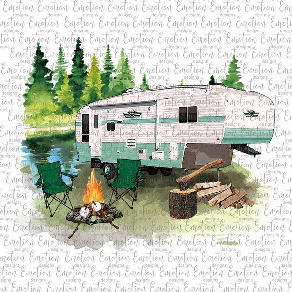 Camping scene 5th wheel clipart, instant download, Sublimation graphics, PNG