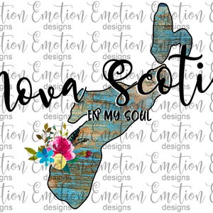 May include: A blue and brown outline of the province of Nova Scotia with the words "Nova Scotia" and "In My Soul" in black text. The outline is decorated with a floral design in pink, blue, and yellow.