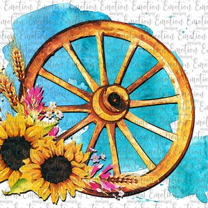Wagon Wheel with Sunflowers PNG, instant download, Sublimation Graphics, Clipart
