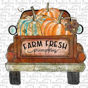 May include: A rusty red vintage pickup truck with a wooden bed filled with orange and brown pumpkins. The truck has the words "FARM FRESH pumpkins" written on the back.